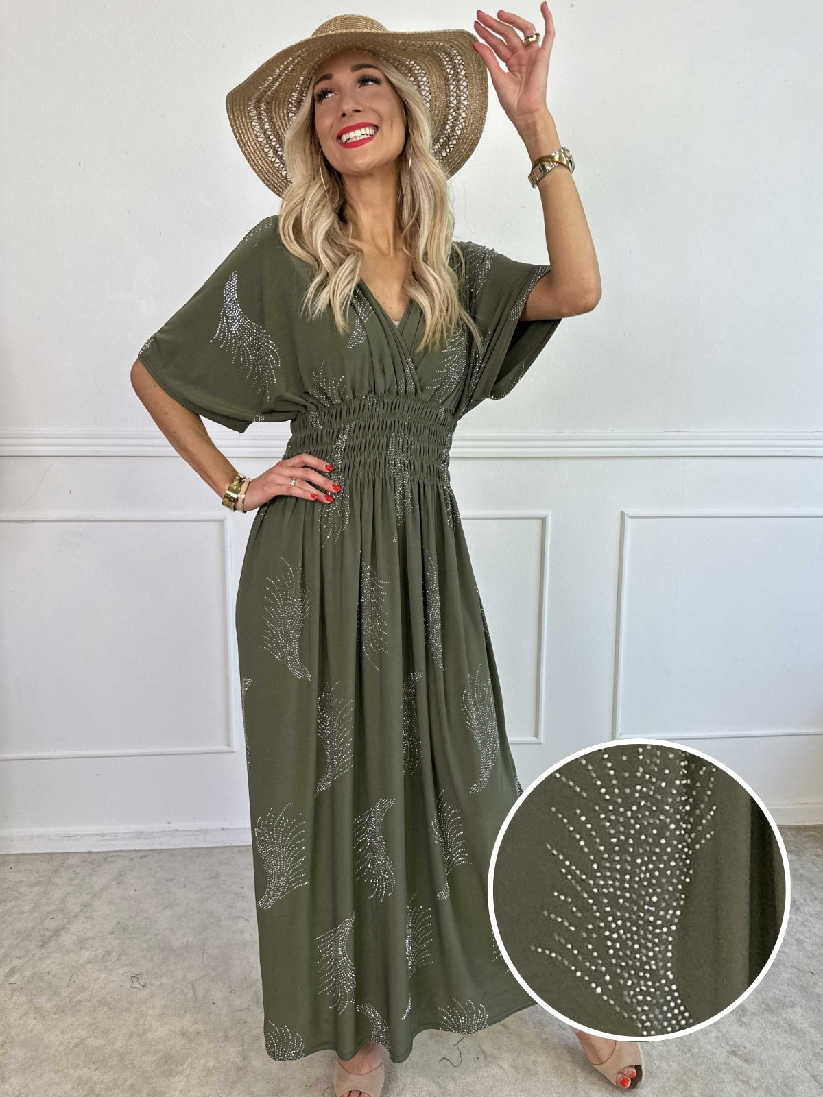 Pams Leaf Crystal - Lang elastisk kjole med mønster af similisten